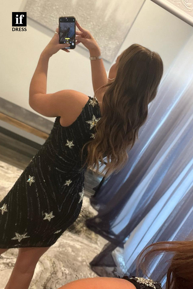 F1-1079 - Unique One Shoulder Stars Sequined Mini Homecoming Dress