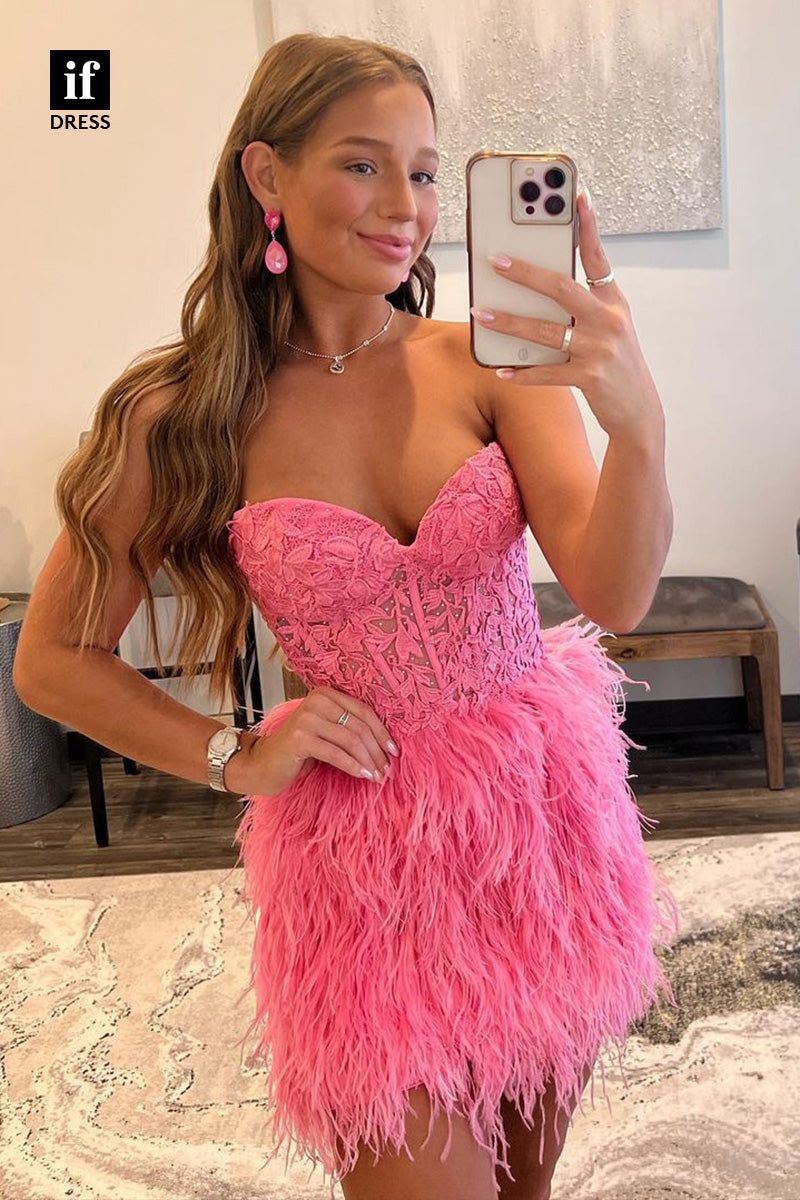 F1-1081 - Gorgeous Off-Shoulder Sweetheart Feathers Mini Homecoming Dress