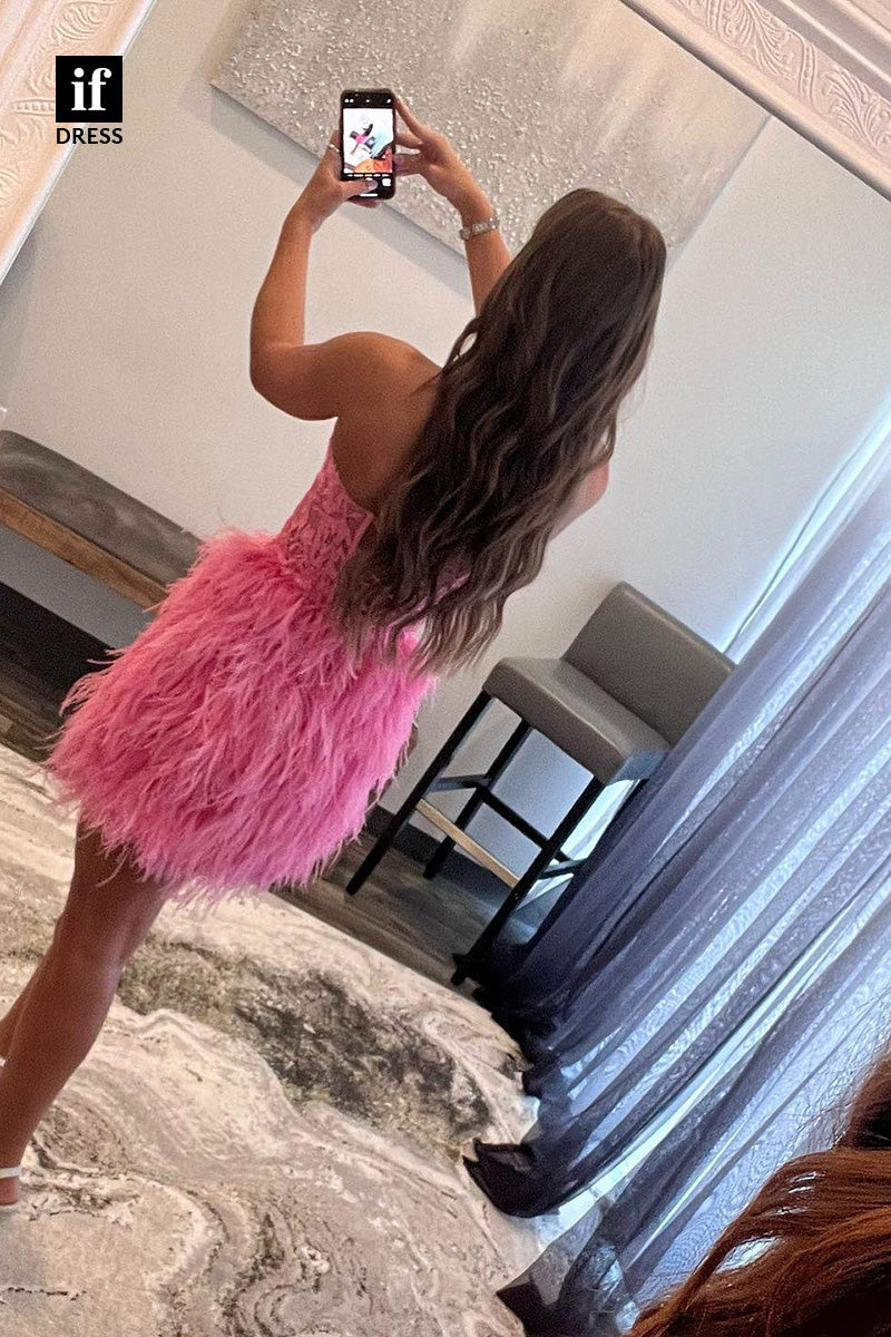 F1-1081 - Gorgeous Off-Shoulder Sweetheart Feathers Mini Homecoming Dress