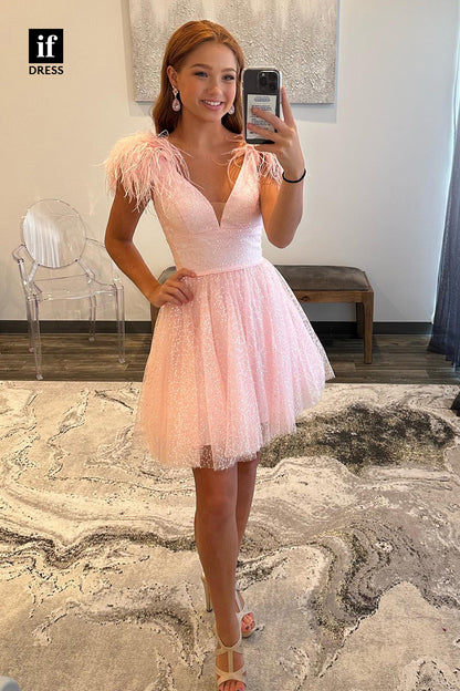 F1-1093 - AmazingV-Neck A-Line Feathers  Mini Homecoming Dress