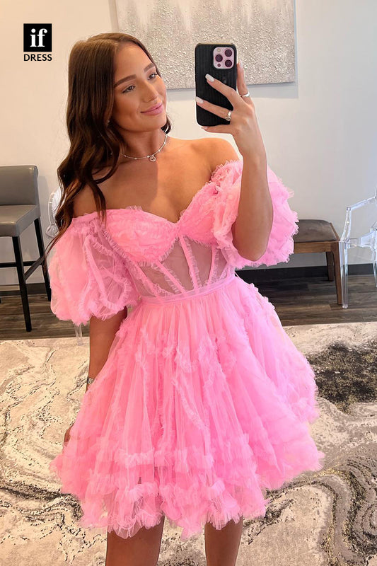 F1-1096 - Adorable Off Shoulder V-Neck Tulle A-Line Mini Homecoming Dress
