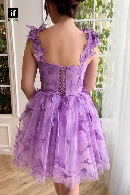 F1-1144 - Attractive Straps A-Line Appliques Floral Mini Homecoming Dress