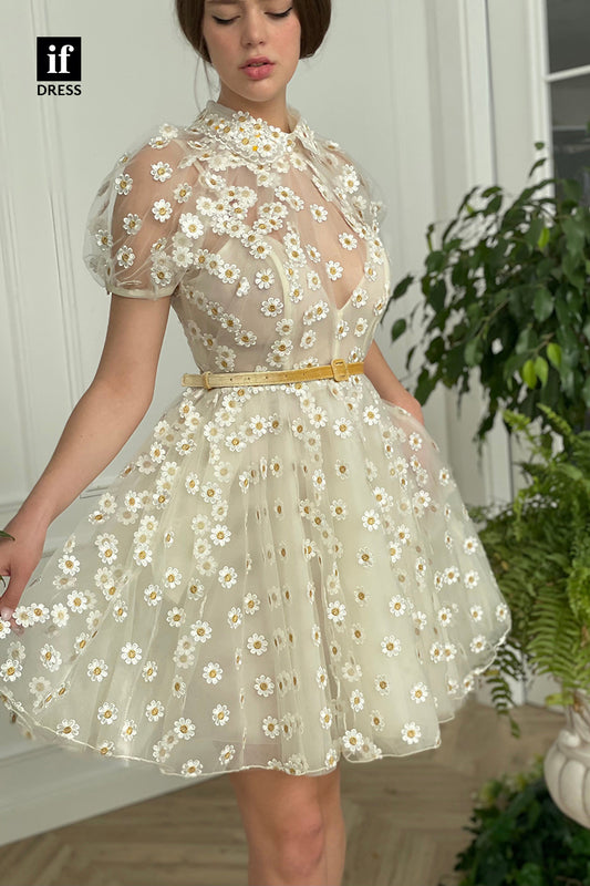 F1-1146 - High Neck Short Sleeves Belt Appliques Tulle A-Line Mini Homecoming Dress