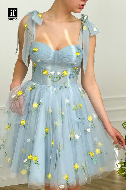 F1-1148 -  A-Line Sweetheart Ruched Appliques Tulle Short Homecoming Prom Dress