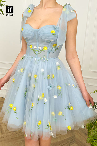 F1-1148 -  A-Line Sweetheart Ruched Appliques Tulle Short Homecoming Prom Dress