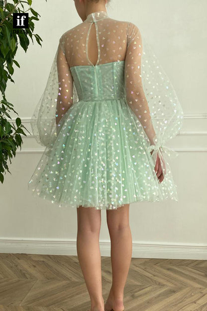 F1-1150 - High Neck Long Sleeves Tulle A-Line Print Short Homecoming Dress