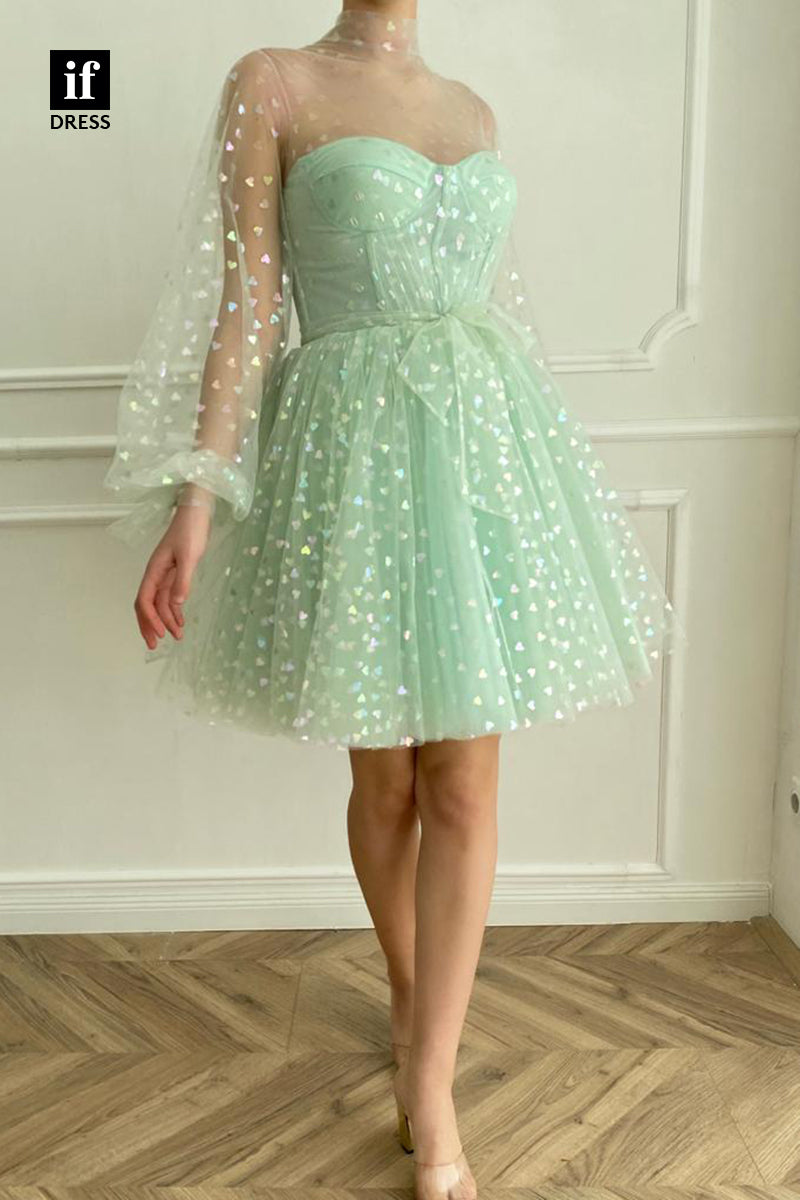 F1-1150 - High Neck Long Sleeves Tulle A-Line Print Short Homecoming Dress
