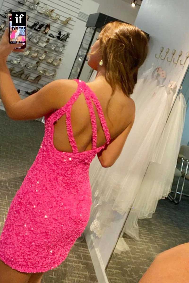 F1220 - Adorable Sleeveless One Shoulder Sequined Mini Homecoming Dress