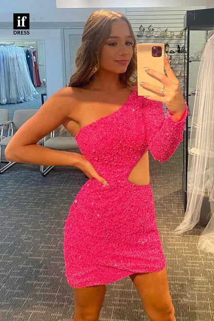 F1222 - Unique One Shoulder Long Sleeves Sequined Mini Homecoming Dress