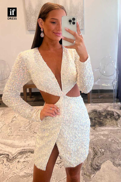 F1224 - Plunging V-Neck Long Sleeves Sequined Short Homecoming Dress