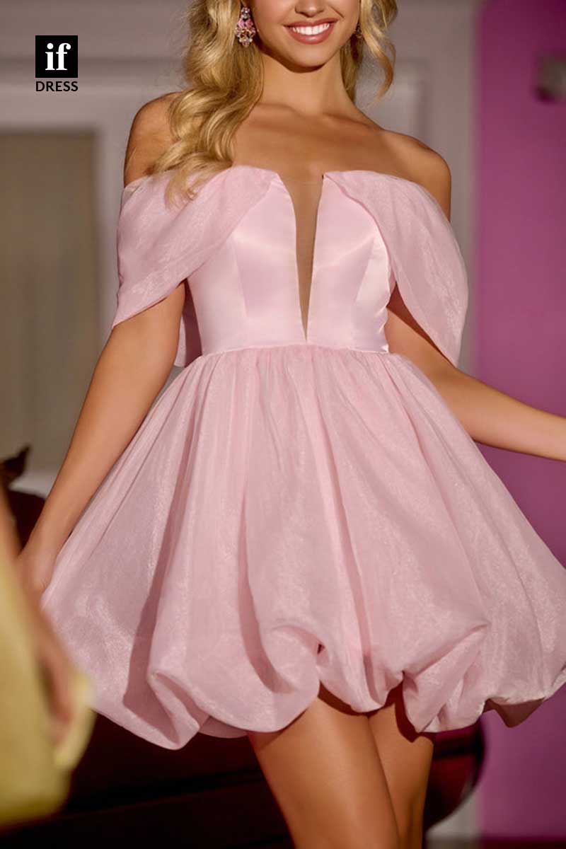 F1253 - Charming Off Shoulder Illusion V-Neck Ruched Mini Graduation Homecoming Gown