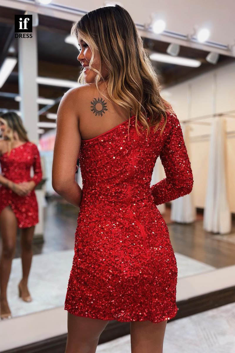 F1314 - Sparkly One Shoulder Slit Sequined Mini Cocktail Homecoming Graduation Dress