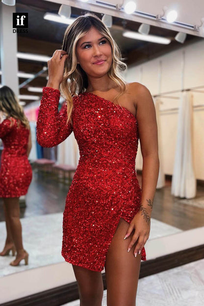 F1314 - Sparkly One Shoulder Slit Sequined Mini Cocktail Homecoming Graduation Dress