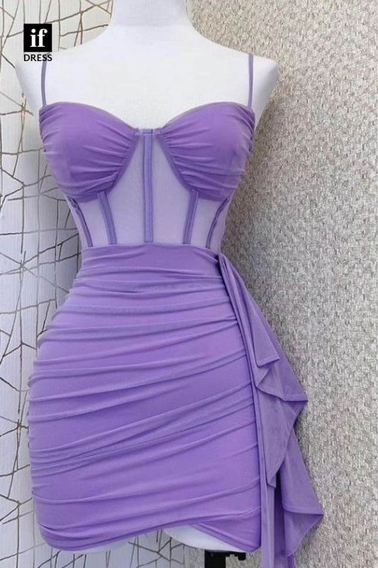 F1358 - Elegant Spaghetti Straps Pleats Cute Mini Homecoming Party Graduation Dress