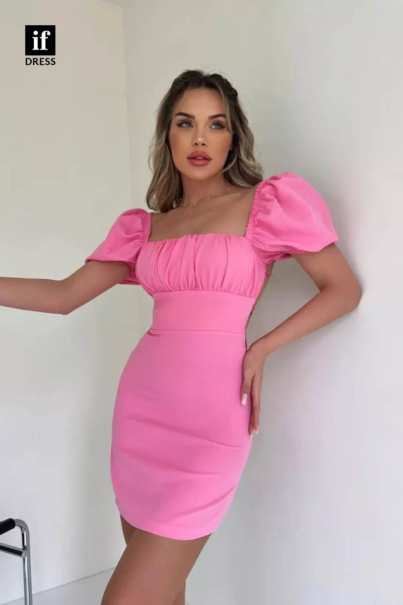 F1360 - Sheath/Column  Short Sleeves Pleats Tight Mini Homecoming Graduation Dress