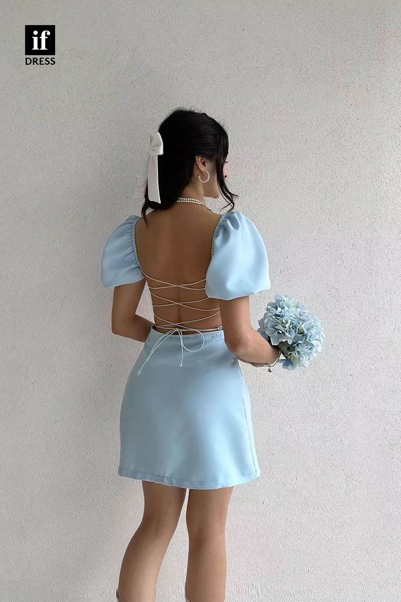 F1360 - Sheath/Column  Short Sleeves Pleats Tight Mini Homecoming Graduation Dress