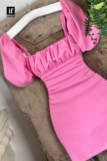 F1361 - Simple Ruched Short Sleeves Mini Cute Party Homecoming Graduation Dress