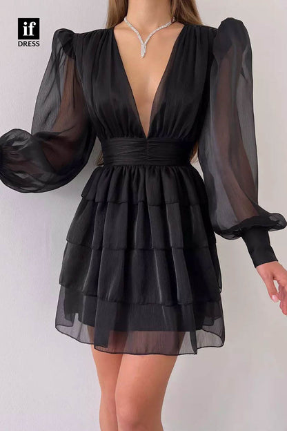 F1363 - Tiered Low V-Neck Long Sleeves Mini Party Homecoming Graduation Dress