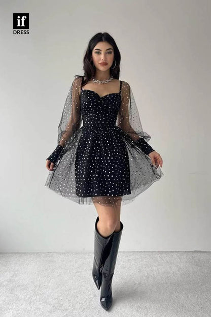 F1366 - Stunning A-Line Long Sleeves Star Mini Party Homecoming Graduation Dress