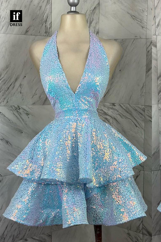 F1501 - Sexy Halter A-Line Full Sequins Sleeveless Mini Party Cocktail Homecoming Dress
