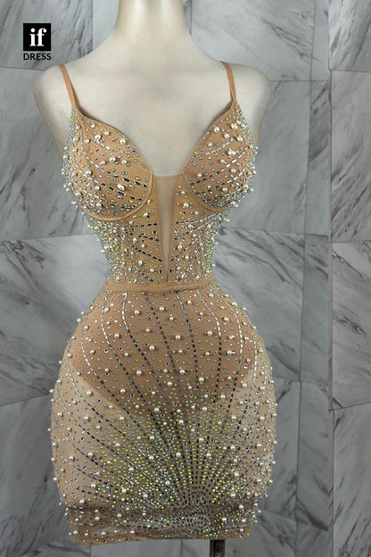 F1503 - Sexy/Hot Deep V-Neck Beads Tight Sheer Cocktail Homecoming Party Dress