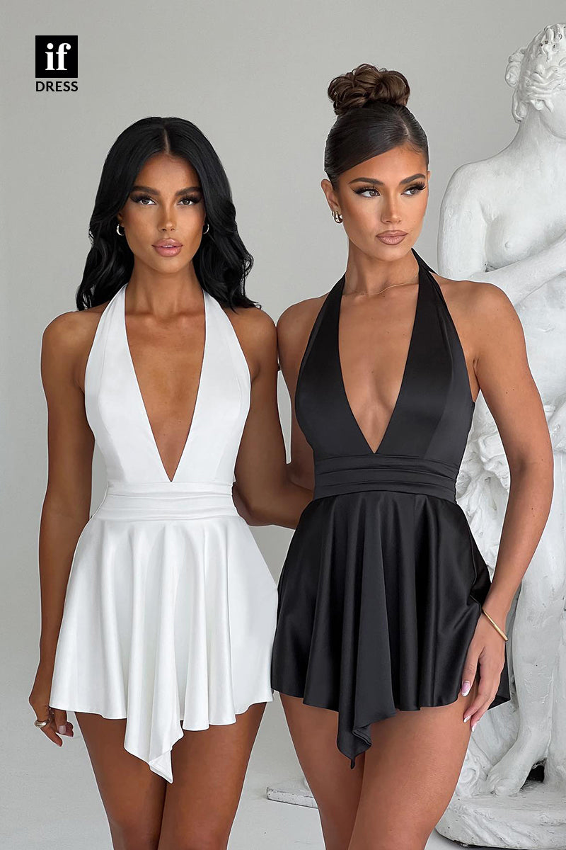 F1526 - Timeless Low V-Neck Halter Ruched Short Cocktail Homecoming Party Dress