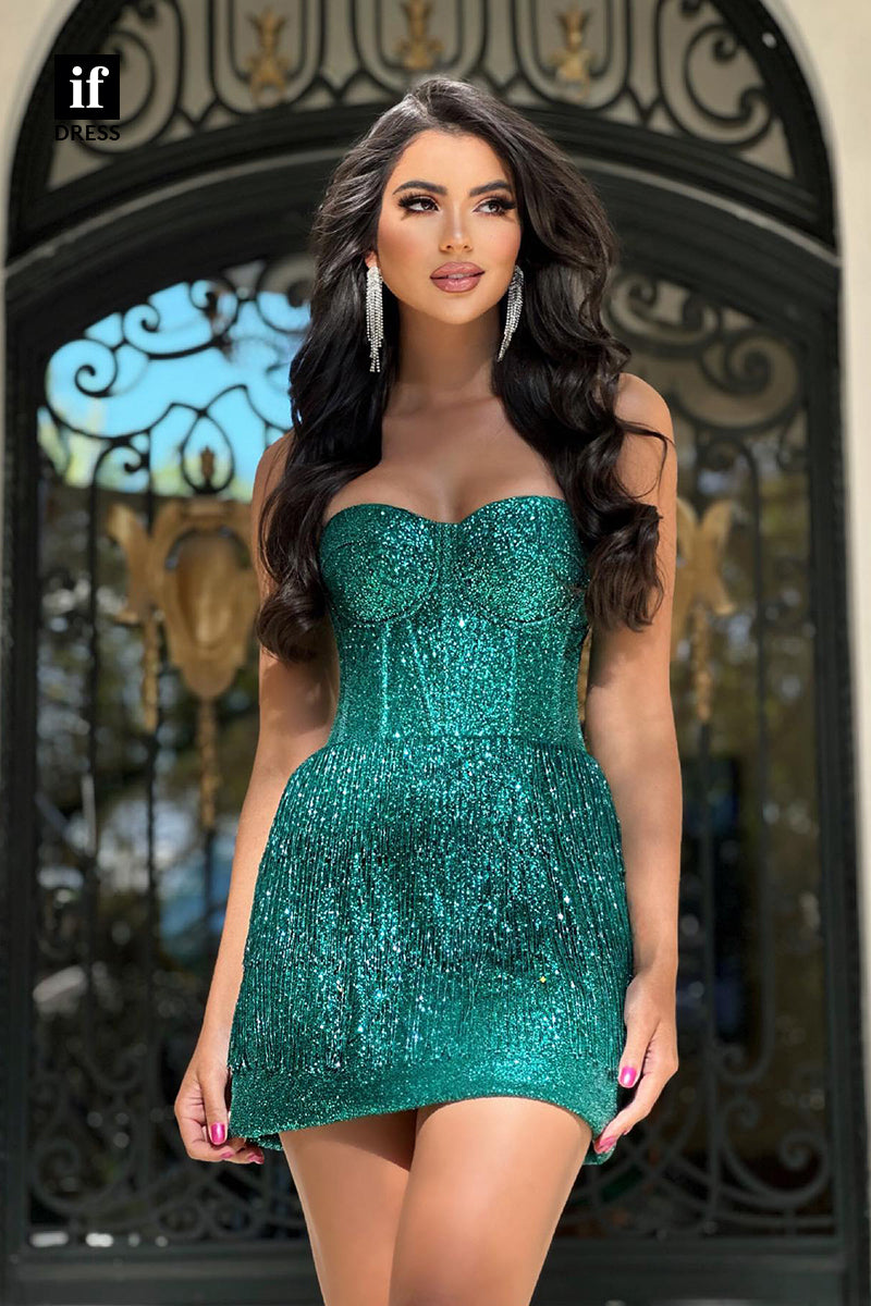 F1555 - Unique Strapless Sweetheart Sequins Tiered Cocktail Homecoming Dress