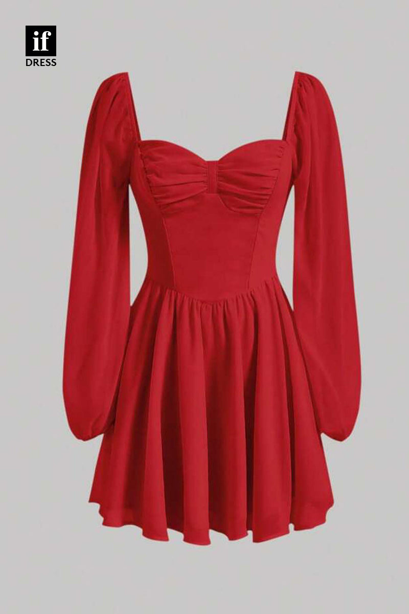 F1584 - Classic A-Line Sweetheart Long Sleeves Ruched Cocktail Homecoming Party Dress