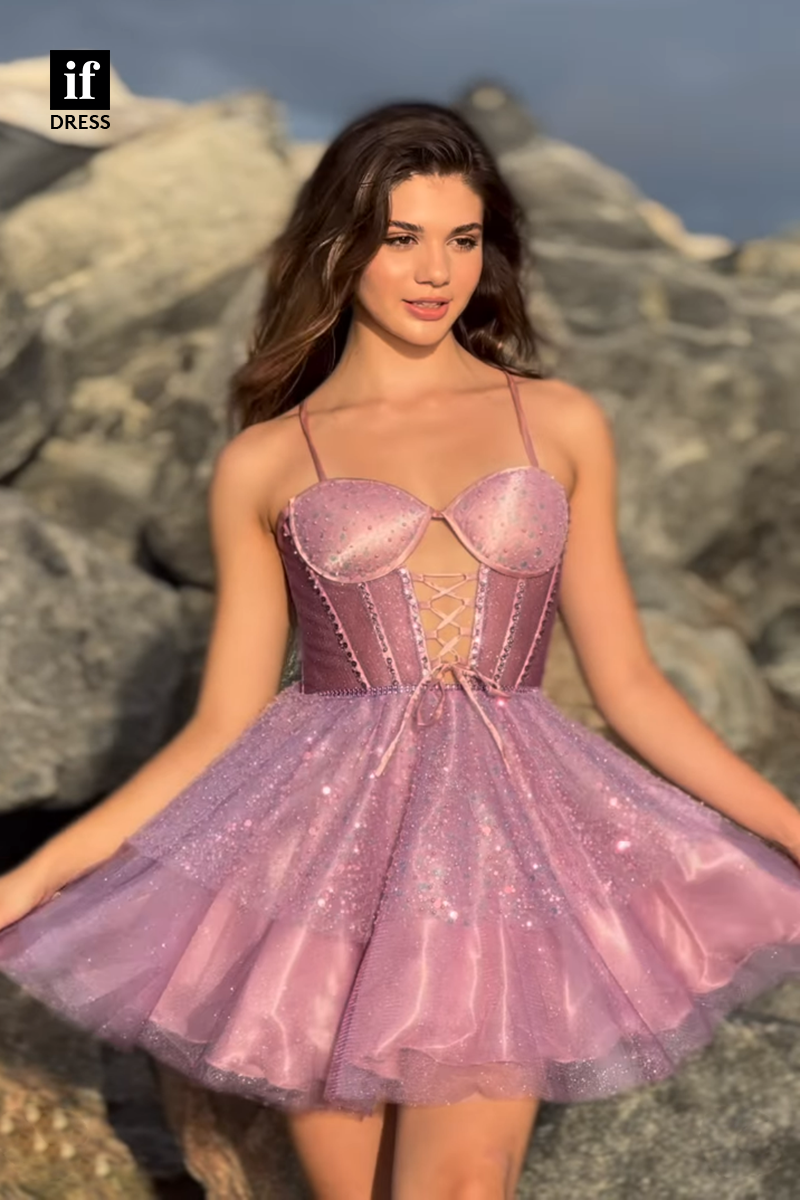 F1619 - Sweet Spaghetti Straps A-Nine Beads Short Cocktail Homecoming Dress