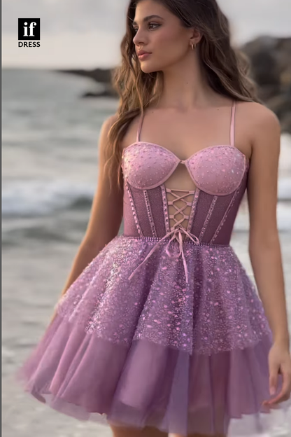 F1619 - Sweet Spaghetti Straps A-Nine Beads Short Cocktail Homecoming Dress