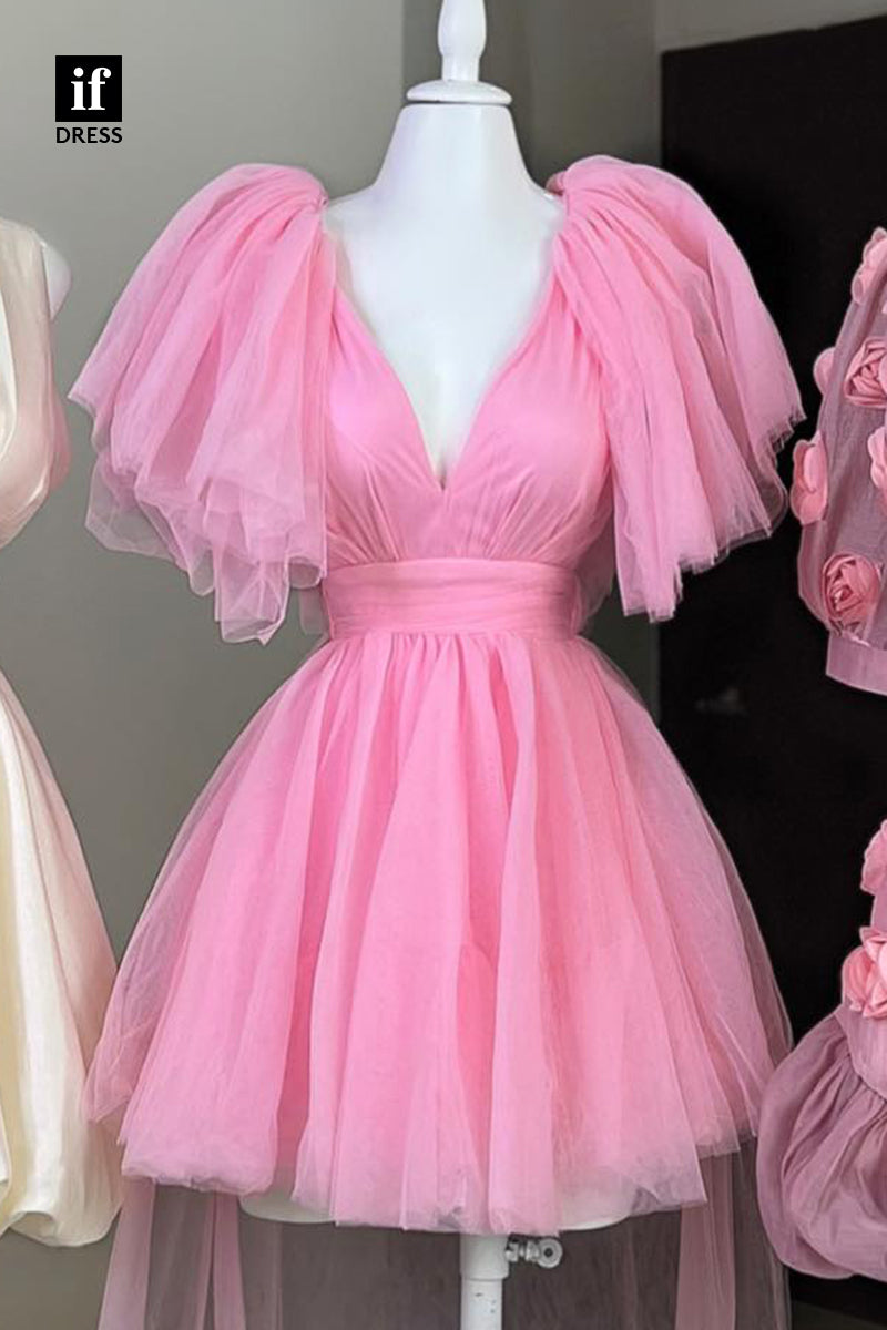F1647  -Sweet V-Neck A-Line Tulle Short Party Homecoming Graduation Dress with Train