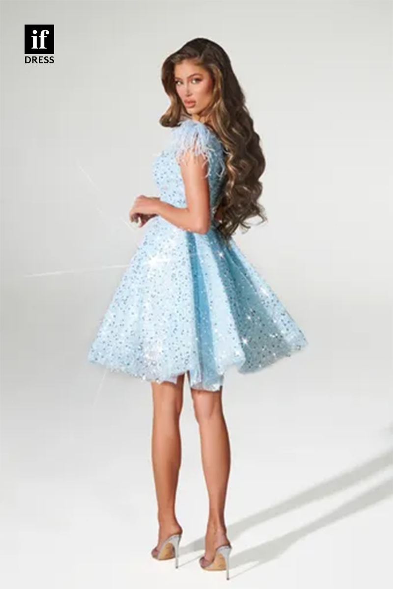 F1745 - Sweet A-Line Straps V-Neck Feathers Short Cocktail Homecoming Party Dress