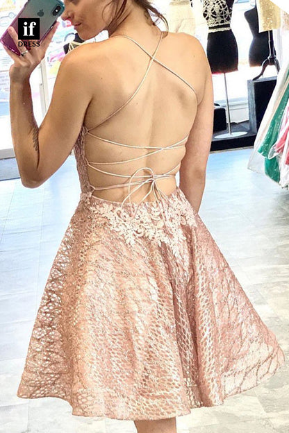 F1747 - Classic Straps A-Line Appliques Sleeveless Short Cocktail Homecoming Party Dress