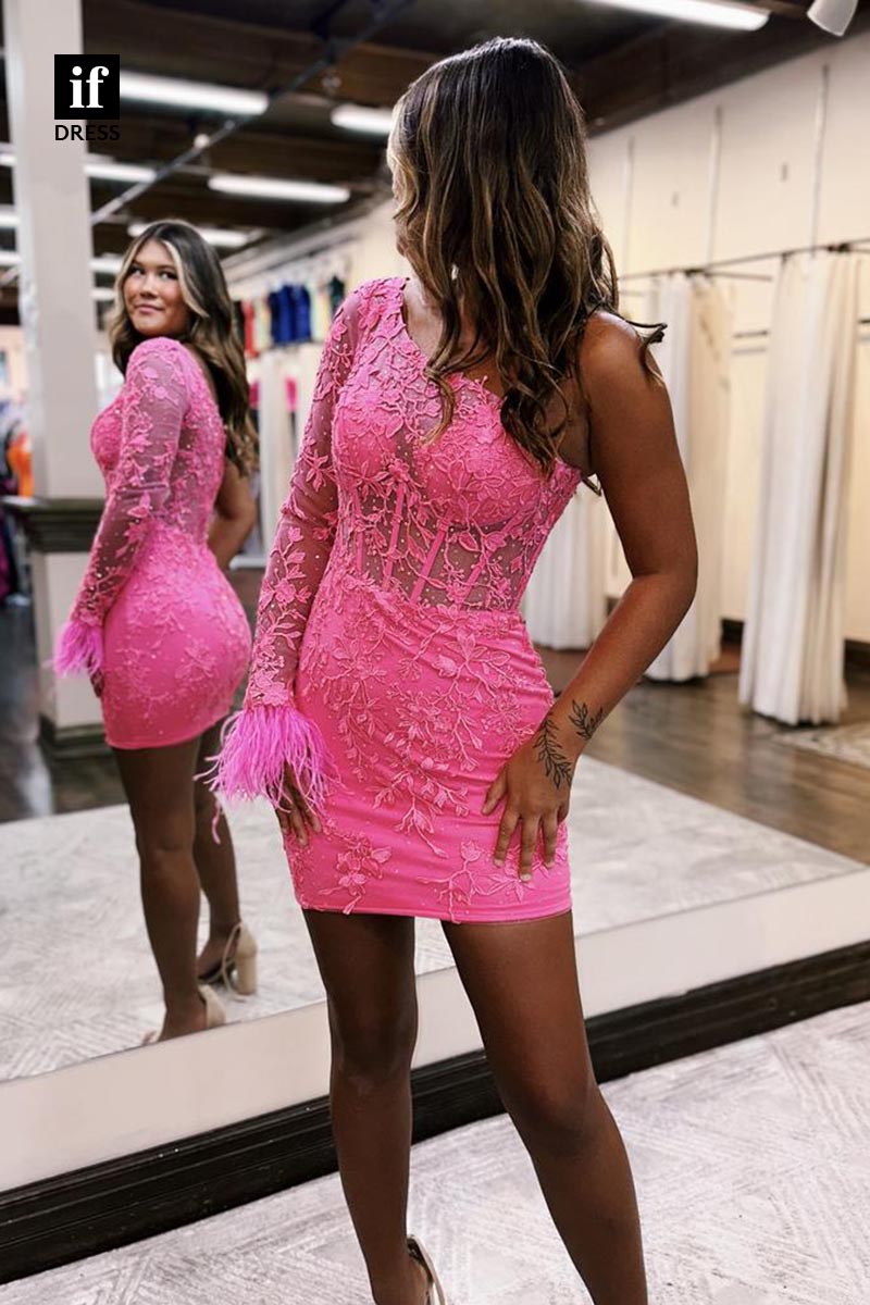 F1775 - Unique One Shoulder Appliques Tight Short Cocktail Homecoming Party Dress