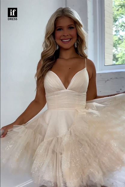 F1798 - Sweet A-Line V-Neck Tiered Tulle  Short Cocktail Homecoming Party Dress