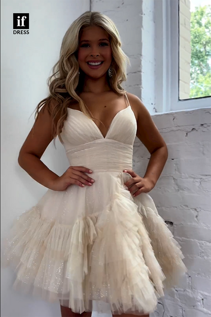 F1798 - Sweet A-Line V-Neck Tiered Tulle  Short Cocktail Homecoming Party Dress