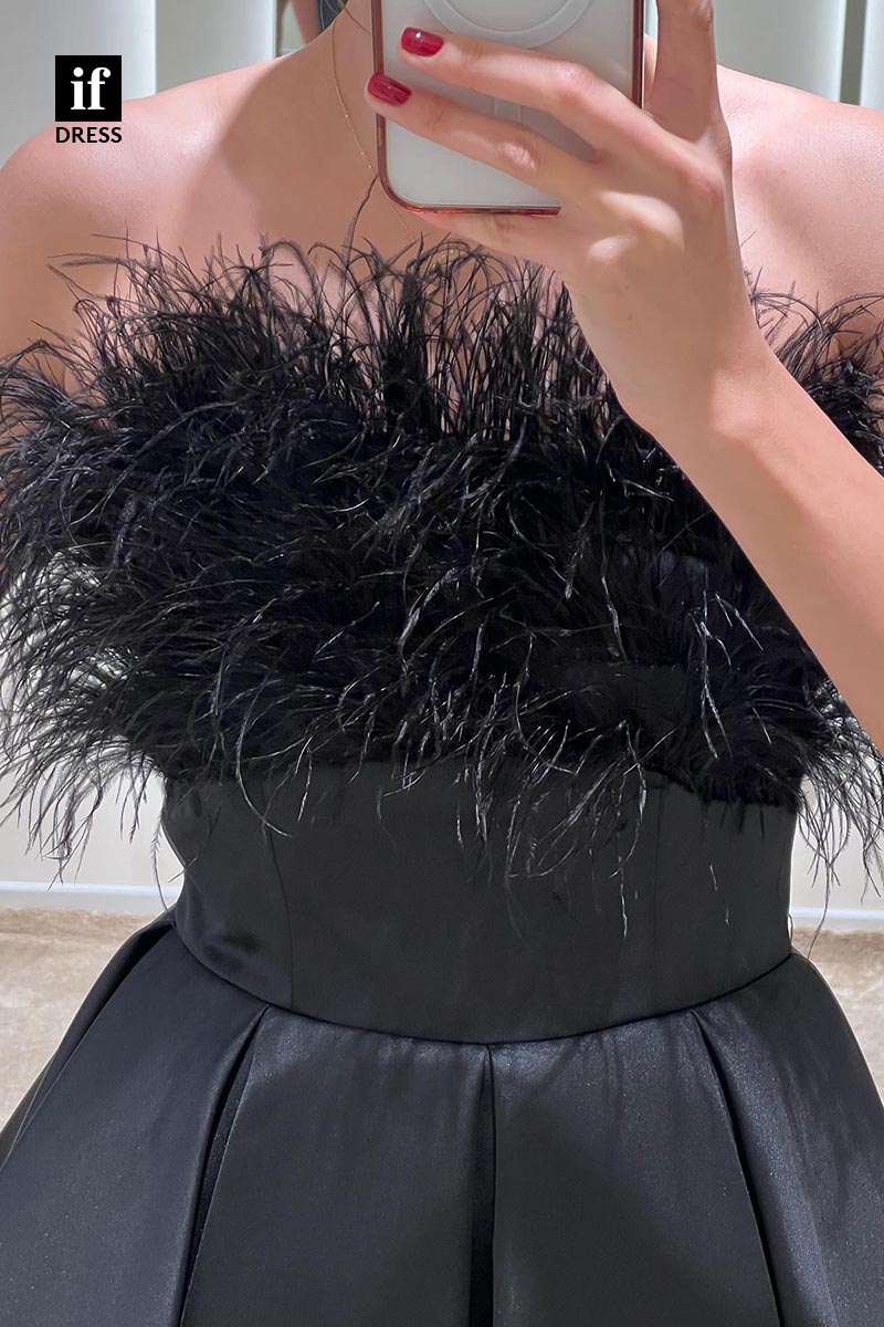 F1824 - Unique Strapless A-Line Feathers Pleated Short Cocktail Homecoming Party Dress