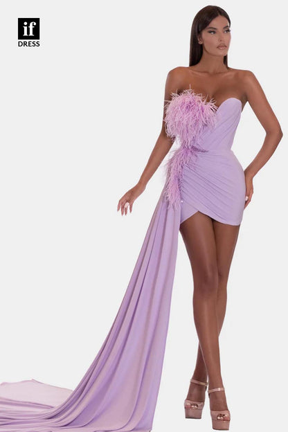 F1829 - Charming Strapless Feathers Pleats Short Coacktail Homecoming Dress with Train