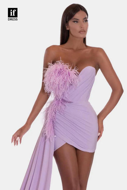 F1829 - Charming Strapless Feathers Pleats Short Coacktail Homecoming Dress with Train