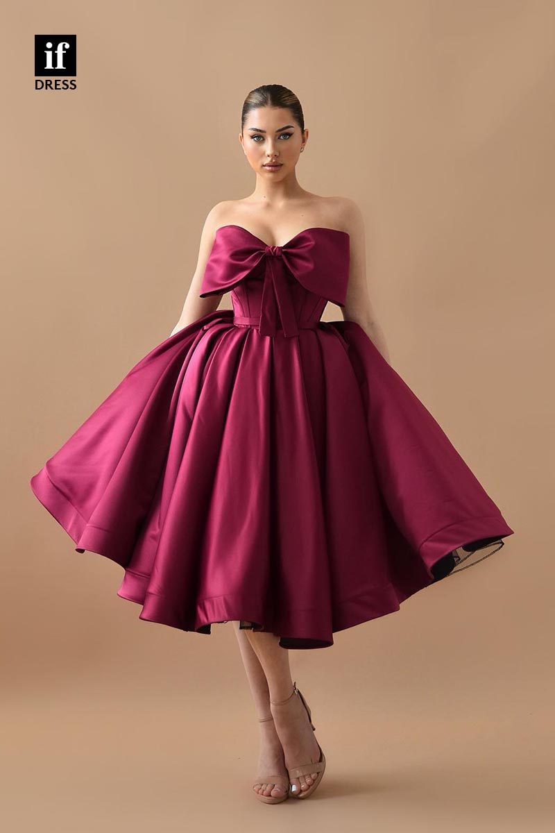 F1843 - Elegant Off-Shoulder Ruched Satin Bow-Knot Knee-Length Prom Homecoming Dress