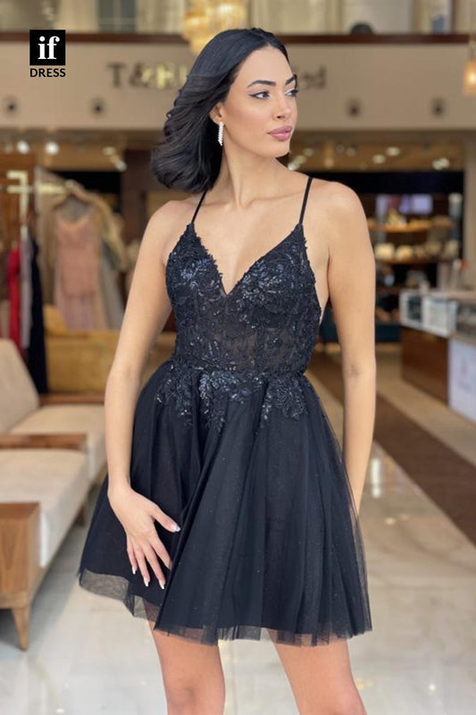 F1861 - A-Line Spaghetti Straps Appliques Tulle Short Cocktail Homecoming Party Dress