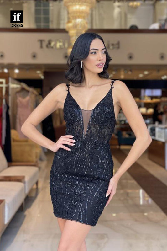 F1862 - Spaghetti Straps V-Neck Appliques Tight Short Cocktail Homecoming Party Dress
