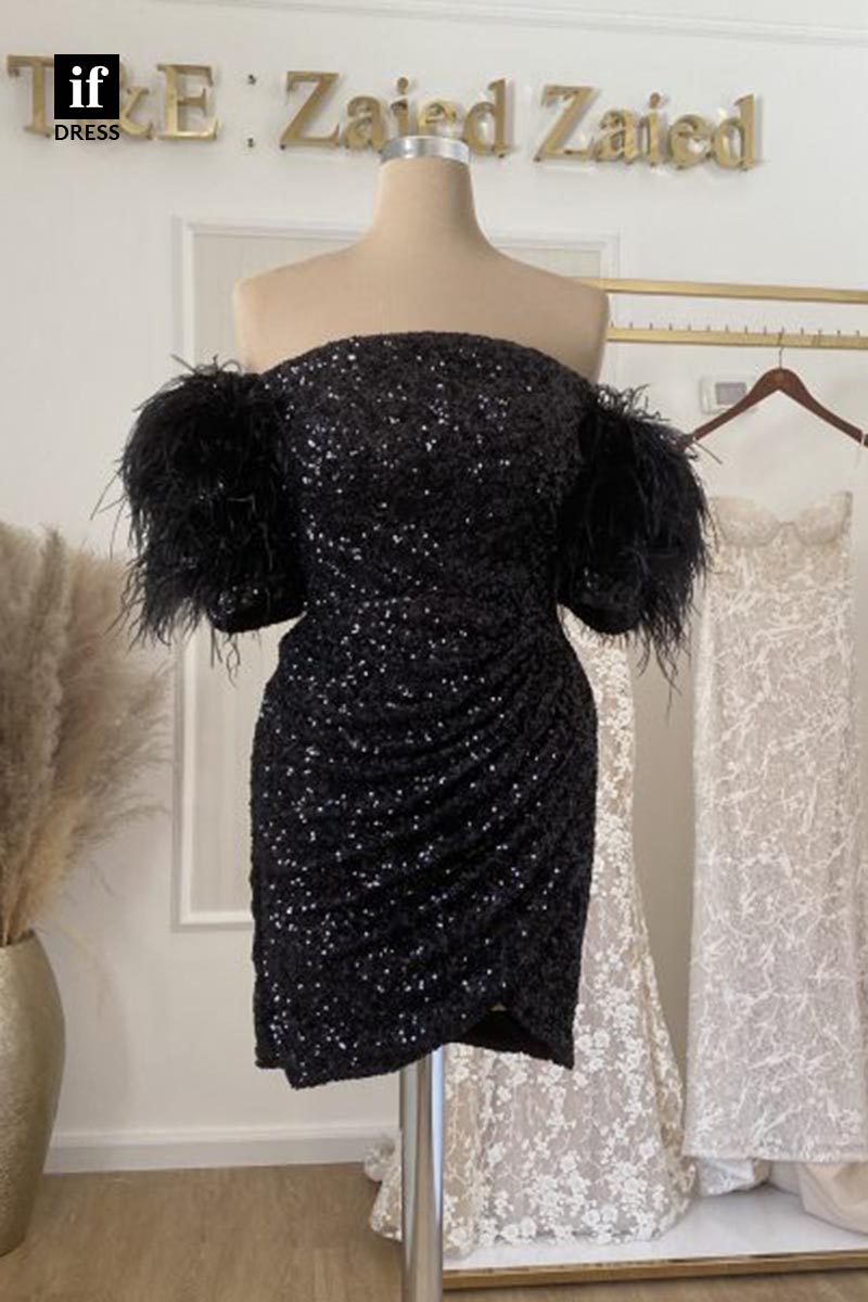 F1871 - Mature Off-Shoulder Full Sequins Feathers Tight Cocktail Homecoming Party Dress