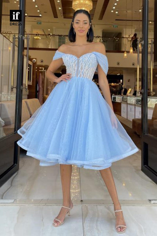 F1882 - Adorable Off-Shoulder A-Line Knee-Length Prom Cocktail Homecoming Party Dress