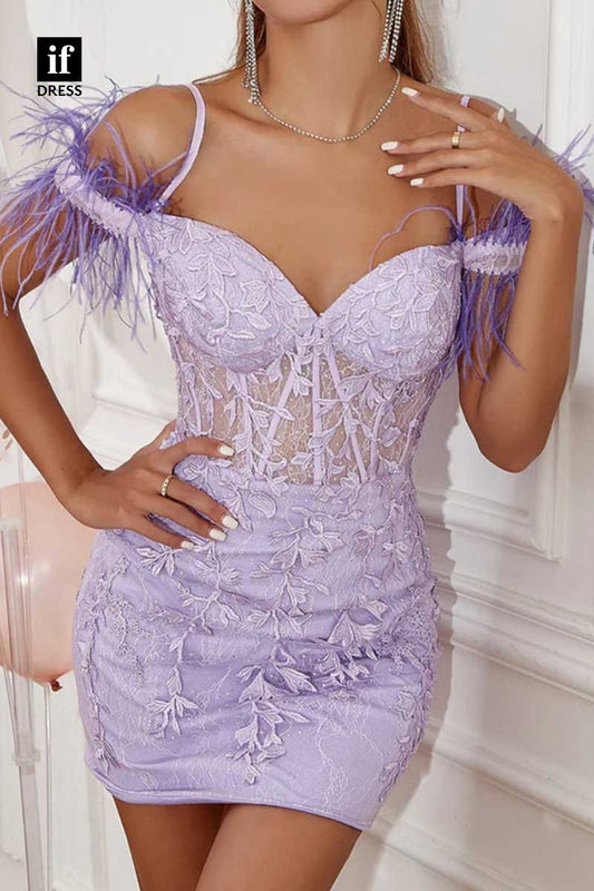F1885 - Popular Straps Lace Appliques Feathers Tight Cocktail Homecoming Party Dress