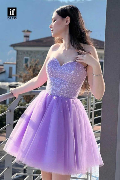 F1887 - Sweet Off-Shoulder A-Line Tulle Short Cocktail Homecoming Party Dress