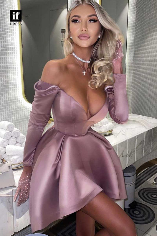 F1895 - Chic Strapless V-Neck A-Line Short Cocktail Homecoming Party Dress with Gloves