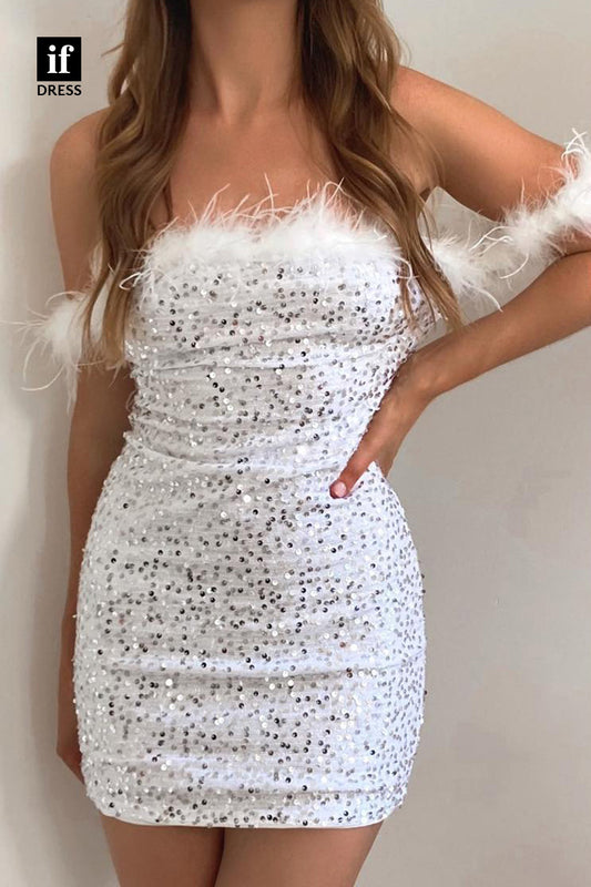F1904 - Sparkly Off-Shoulder Full Sequins Feathers Tight Cocktail Homecoming Party Dress