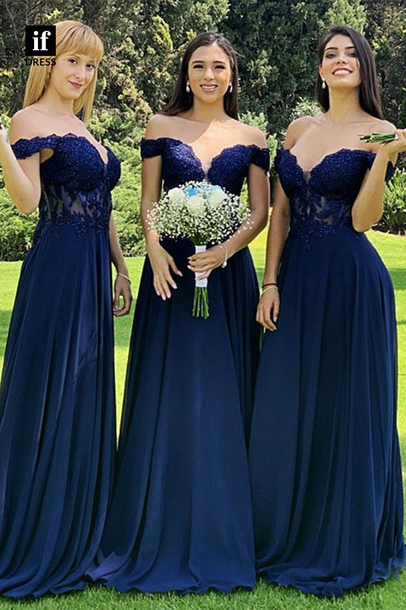 B5041 - Off Shoulder V-Neck A-Line Lace Appliques Long Bridesmaid Dress