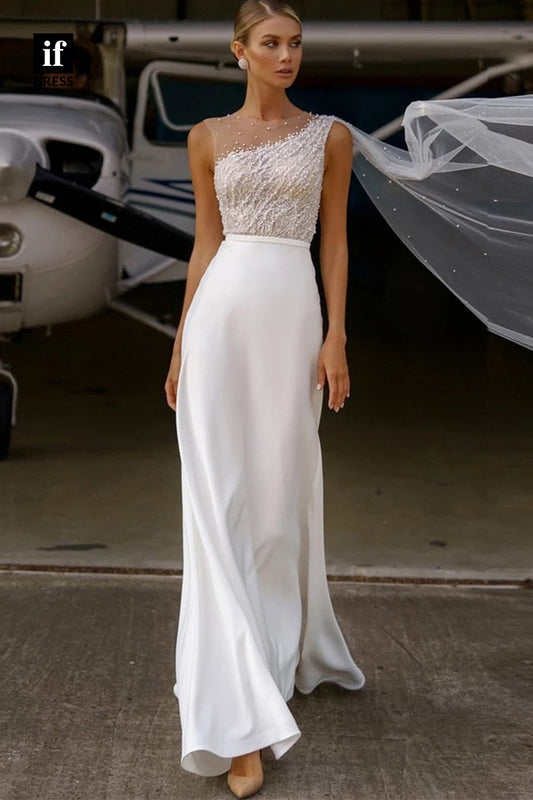 30552 - Generous One Shoulder Beads Sleeveless Column Wedding Dress
